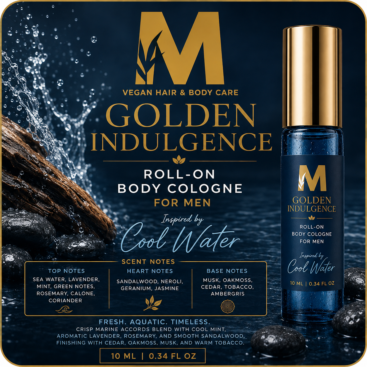 Golden Indulgence™ Roll-On Body Cologne for Men- Inspired by Cool Water