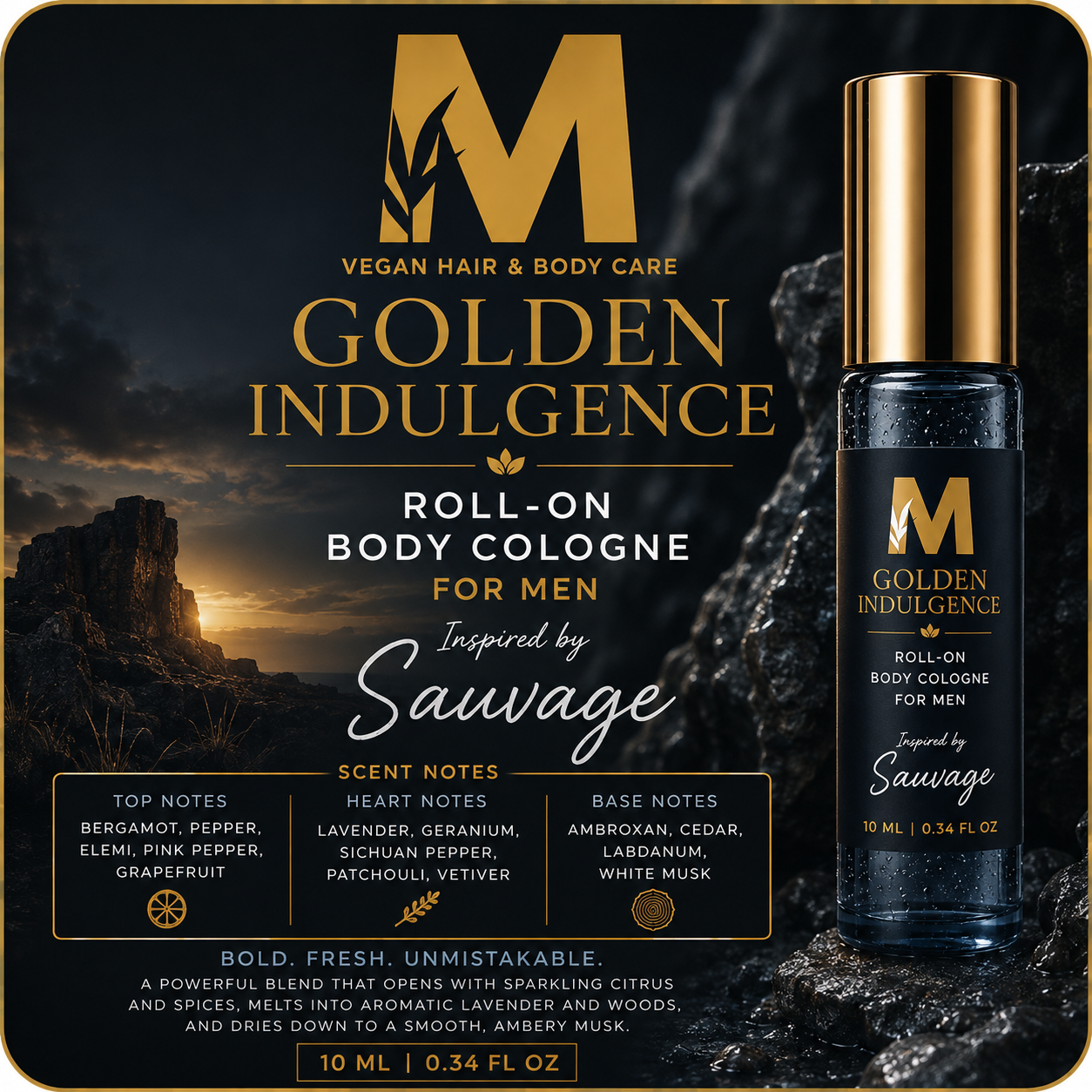 Golden Indulgence™ Roll-On Body Cologne for Men Inspired by Sauvage